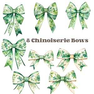 Green Chinoiserie Bow Bundle png, 8 Bows Green and white coquette bows png, Green toile bow png, Green floral bow png, Emerald flower bow