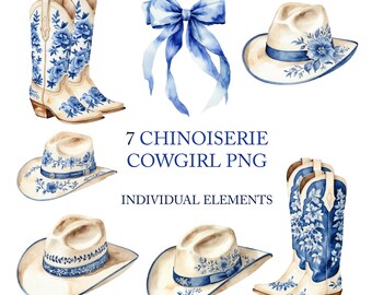 Blue Chinoiserie Cowgirl Boots & Bows PNG: Coastal Design File