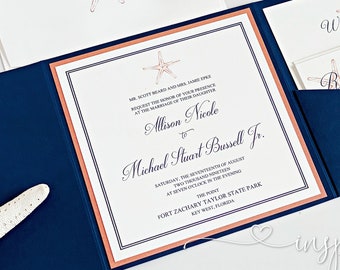 Elegant Beach Wedding Invitations, Destination Wedding, Starfish Invitations, Navy and Coral Wedding, Yacht Club, Tropical, Nautical