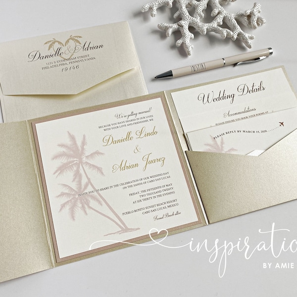 Wedding Invitations, Beach Theme Wedding, Destination Wedding, Pocket Invitations, Beach Inspired, Elegant Beach Wedding