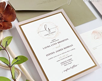 May include: A blush pink and gold wedding invitation with a geometric design and floral accents. The invitation features the names Laura Lynn Brighton and Steven James Morgan, the wedding date 08.08.22, and the location Crystal Farms, 127 Oak Grove Terrace, Salem, Oregon. The invitation also includes the text "Reception to follow".