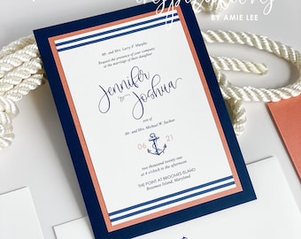 Nautical Wedding Invitation, Anchor, Navy Blue, Nautical Wedding, Yacht Club, Cruise Wedding, Beach Wedding, Nautical Stripes