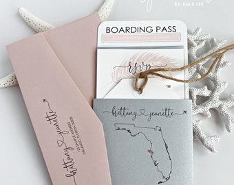 Boarding Pass Wedding Invitations, Destination Wedding, Cruise, Yacht, Florida, Travel Theme, Map, Beach, Boating