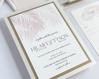 Elegant Beach Wedding Invitations, Destination Wedding, Blush Rose Gold, Palm Trees, Classic Beach Wedding, Florida Wedding, Pink Palms