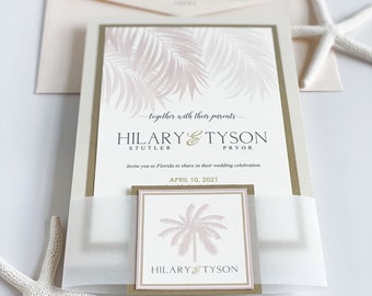 Elegant Beach Wedding Invitations, Island Wedding, Destination Wedding, Palm Tree Invitations, Formal Beach Wedding, Classic Beach