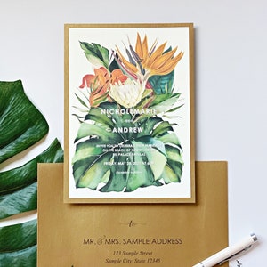 Elegant Beach Wedding Invitations, Tropical Wedding, Destination Island Wedding, Blush and Rose Gold Invitations