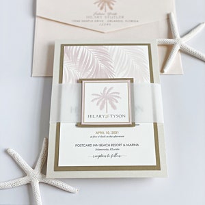 Elegant Beach Wedding Invitations, Destination Wedding, Beach Wedding, Rose Gold, Palm Tree Invitations, Florida Wedding