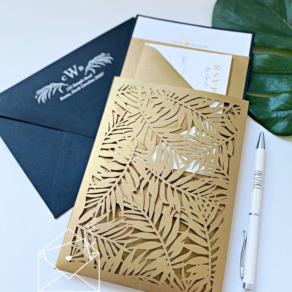 Elegant Beach Wedding Invitations, Laser Cut Invitations, Tropical Island Wedding Invitations, Palms, Formal Beach Wedding Invitations