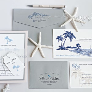 Elegant Beach Wedding Invitations, Palm Tree Wedding Invitations, Destination Wedding, Classic Beach Wedding image 3