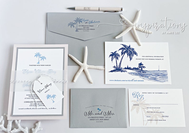 Elegant Beach Wedding Invitations, Palm Tree Wedding Invitations, Destination Wedding, Classic Beach Wedding image 3