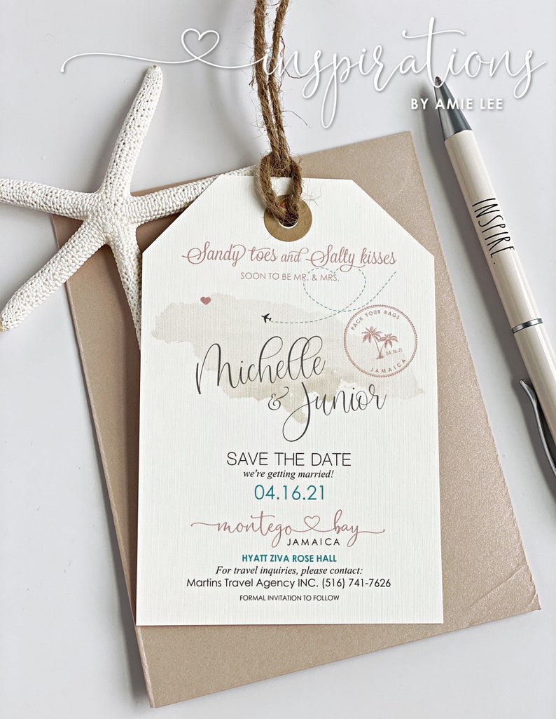 May include: A save the date wedding invitation with a luggage tag design. The tag is decorated with a watercolor-style illustration of Jamaica. The text reads "Sandy toes and salty kisses" and "Michelle & Junior". The date of the wedding is 04.16.21 and the location is Montego Bay, Jamaica. The invitation also includes the name of the hotel, Hyatt Ziva Rose Hall, and contact information for travel inquiries.
