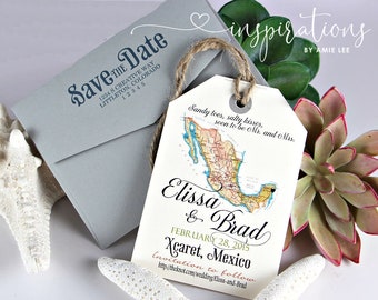Save the Date Luggage Tags, Mexico Wedding, Map Invitations, Destination Wedding, Travel Theme