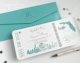 Disney Save The Date, Disney Wedding, Epcot Wedding, Disney Boarding Pass, Fairytale, Fairy Tale Wedding, Spaceship Earth