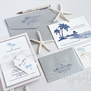 Elegant Beach Wedding Invitations, Palm Tree Wedding Invitations, Destination Wedding, Classic Beach Wedding image 4