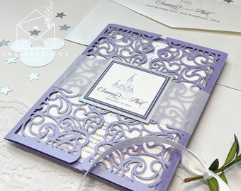 Disney Wedding Invitations, Disney Inspired, Disney Lovers, Elegant Fairy-tale Wedding, Laser Cut Gate Cards, Classy Disney