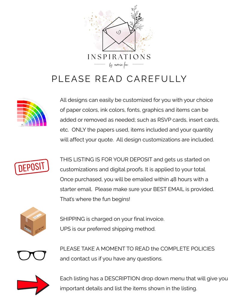 Puede incluir: Fondo blanco con texto y gr&aacute;ficos. El texto dice "INSPIRATIONS by amie fee" y "POR FAVOR, LEA ATENTAMENTE". Incluye una paleta de colores, un sello "DEP&Oacute;SITO", un paquete, gafas y una flecha.