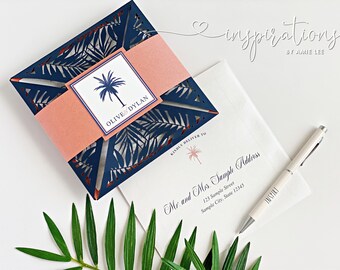 Elegant Beach Wedding Invitations, Laser Cut Invitations, Tropical Island Wedding Invitations, Palms, Formal Beach Wedding Invitations