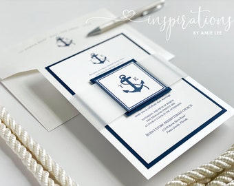 Nautical Wedding Invitations, Classic Nautical Anchor, Cruise Wedding, Yacht Club Wedding, Navy Blue, Nautical Stripes, Lake Wedding