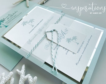 Wedding Invitations, Beach wedding, Tropical Wedding, Destination Wedding, Palm Trees, Aquamarine, Elegant Beach
