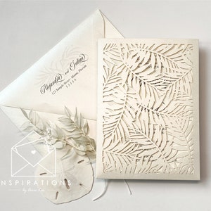 Elegant Beach Wedding Invitations, Laser Cut Invitations, Tropical Island Wedding Invitations, Palms, Formal Beach Wedding Invitations
