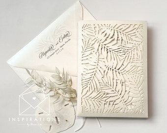 Elegant Beach Wedding Invitations, Laser Cut Invitations, Tropical Island Wedding Invitations, Palms, Formal Beach Wedding Invitations