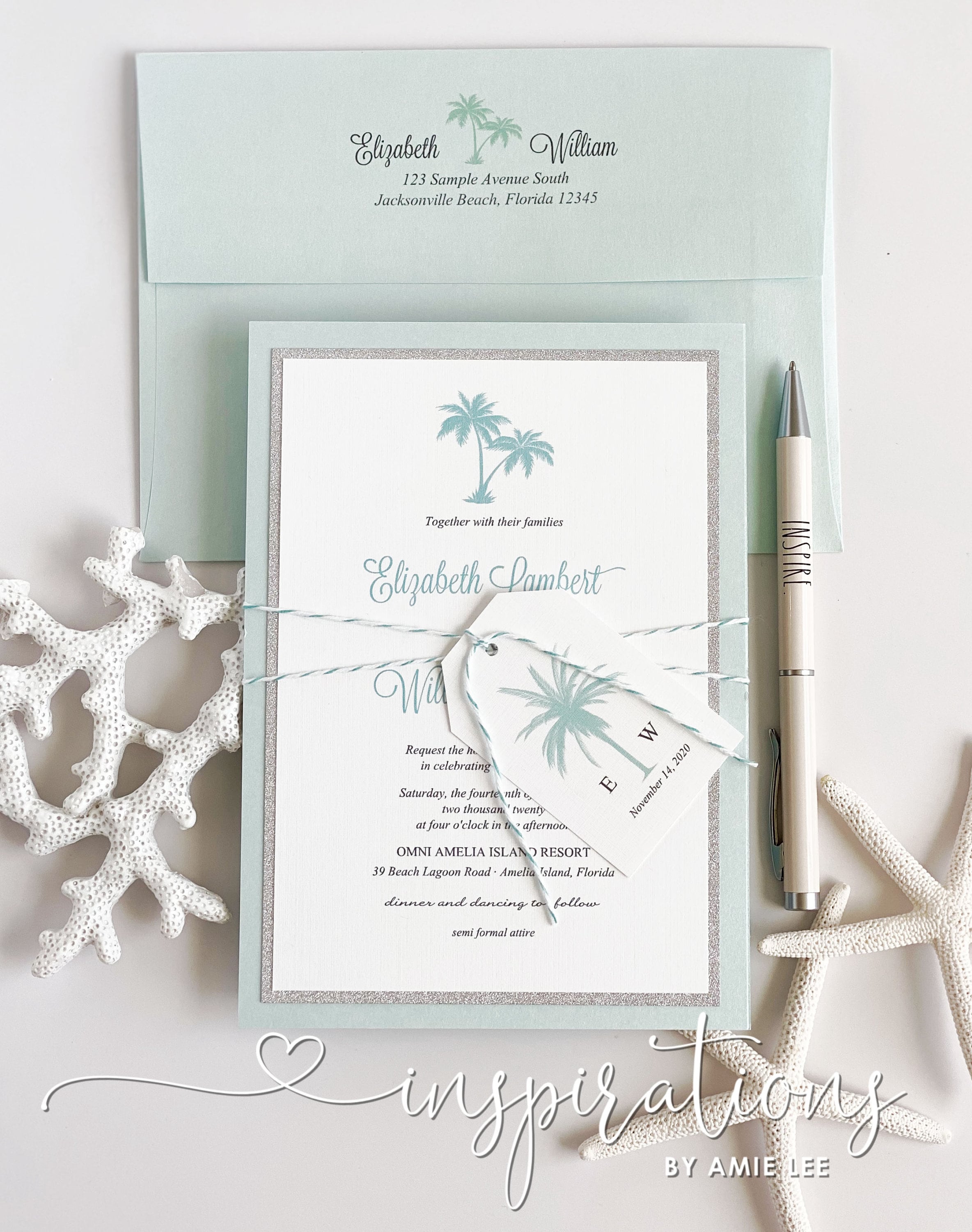 Elegant Beach Wedding Invitations, Tropical Island Destination Wedding, Palm Trees, Wedding on the Beach, Classic Beach Invitations