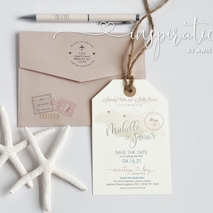 May include: Save the date card with a watercolor background featuring a palm tree and airplane. The card is tied with twine and has the text "Sandy toes and salty kisses" and "Michelle & Junior" in a handwritten font. The date is 04.16.21 and the location is Montego Bay, Jamaica.