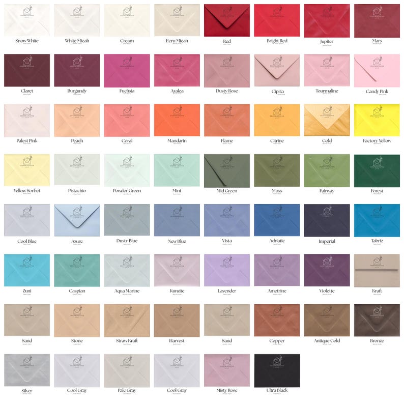 Puede incluir: Una colecci&oacute;n de sobres coloridos en varios tonos, incluyendo rojo, rosa, azul, verde y tonos neutros. Cada sobre presenta un peque&ntilde;o y elegante logotipo en la esquina superior izquierda. Los sobres est&aacute;n dispuestos en filas, mostrando una amplia gama de colores.