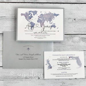 Travel Map Wedding Invitations, World Map Invitations, Travel Theme Wedding, Destination wedding, Map Invitations image 3