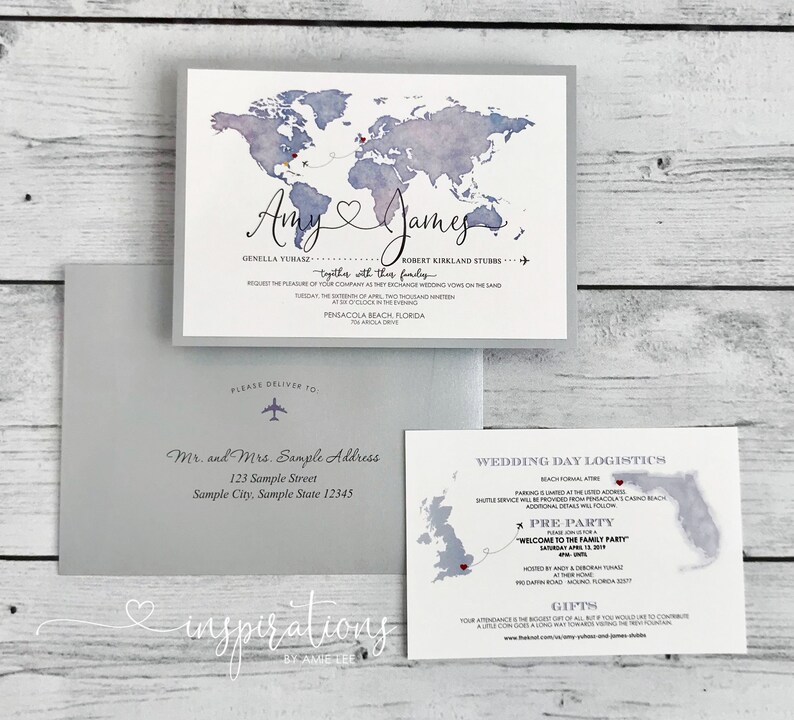 Travel Map Wedding Invitations, World Map Invitations, Travel Theme Wedding, Destination wedding, Map Invitations image 3