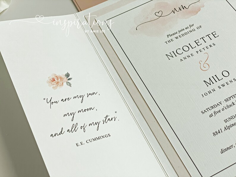 May include: Elegant wedding invitation with a floral design and the names Nicolette and Milo. The invitation features the quote "You are my sun, my moon, and all of my stars." by E.E. Cummings.