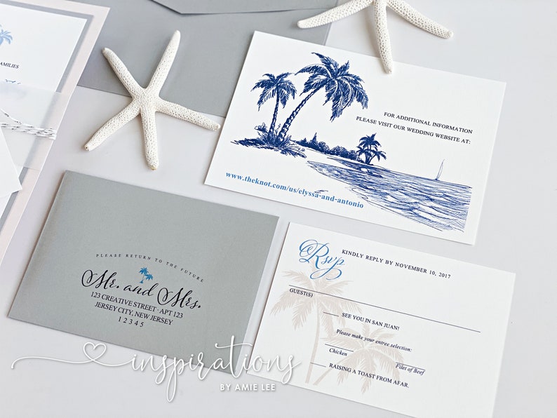 Elegant Beach Wedding Invitations, Palm Tree Wedding Invitations, Destination Wedding, Classic Beach Wedding image 5
