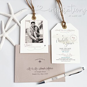May include: A save the date card with a watercolor background and a plane illustration. The text reads "Sandy toes and salty kisses, soon to be Mr. & Mrs. Michelle & Janier, Save the Date, 04.16.21, Montego Bay, Jamaica, Hyatt Ziva Rose Hall".
