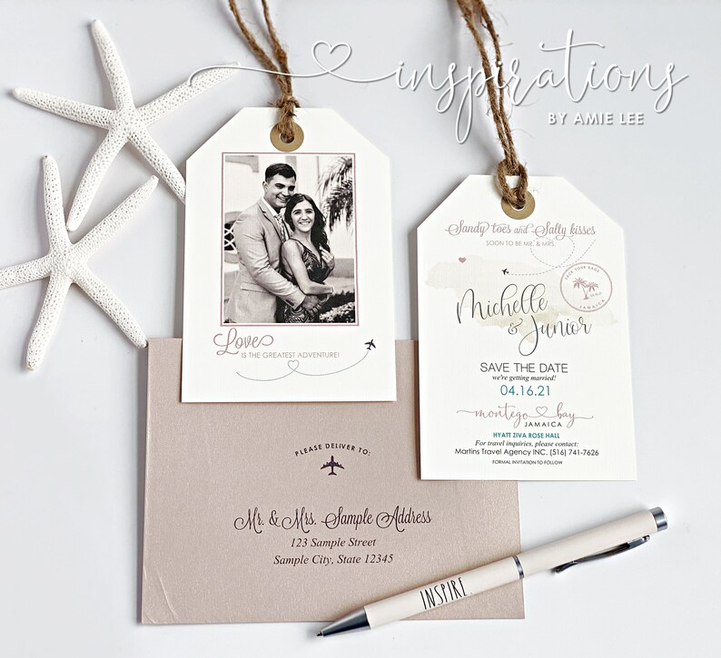 May include: A save the date card with a watercolor background and a plane illustration. The text reads "Sandy toes and salty kisses, soon to be Mr. & Mrs. Michelle & Janier, Save the Date, 04.16.21, Montego Bay, Jamaica, Hyatt Ziva Rose Hall".