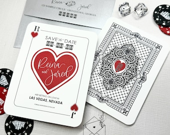 May include: Save the date card with a red heart and the text "Reina and Jared" are betting on love in Las Vegas, Nevada. The date is 03-30-24. The card is designed to look like a playing card with a red heart suit.