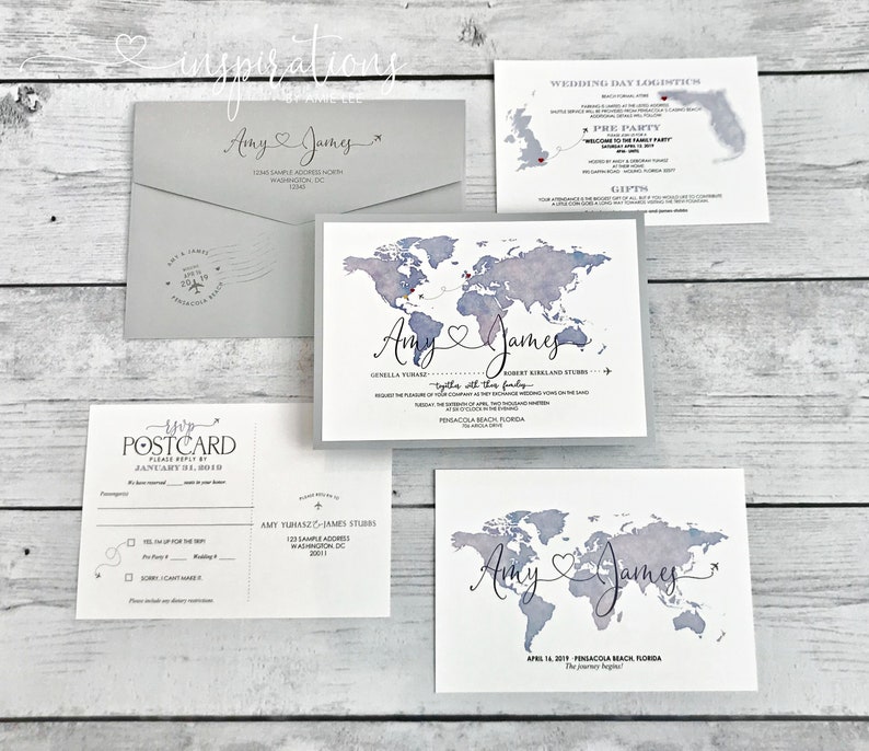 Travel Map Wedding Invitations, World Map Invitations, Travel Theme Wedding, Destination wedding, Map Invitations image 2