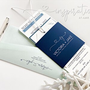 Boarding Pass Wedding Invitations, Tropical Island Destination Wedding, Classic Beach Wedding Invitations, Blue Wedding Travel Ticket