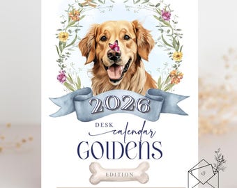 Dog Desk Calendar, Golden Retrievers, Goldens, Dog Theme, Dog Lovers Gift, Calendar with Wooden Stand, Custom Month Start, 2026, 12 Month