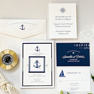 Elegant Nautical Wedding Invitations, Navy and White Wedding, Coastal Wedding, Yacht Club, Cruise Wedding, Nautical Stripes
