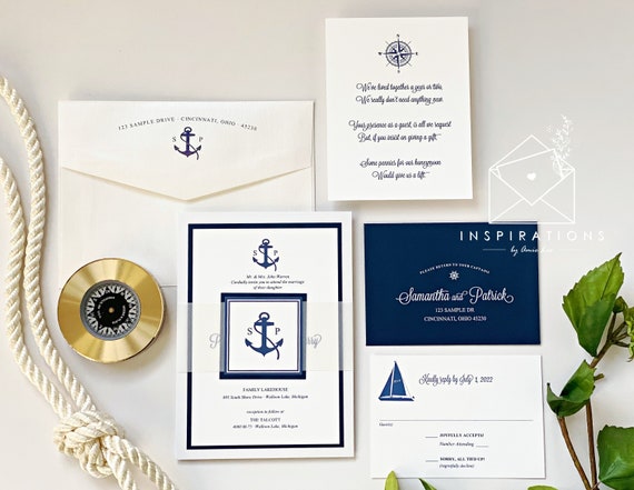 Elegant Nautical Wedding Invitations, Navy and White Wedding