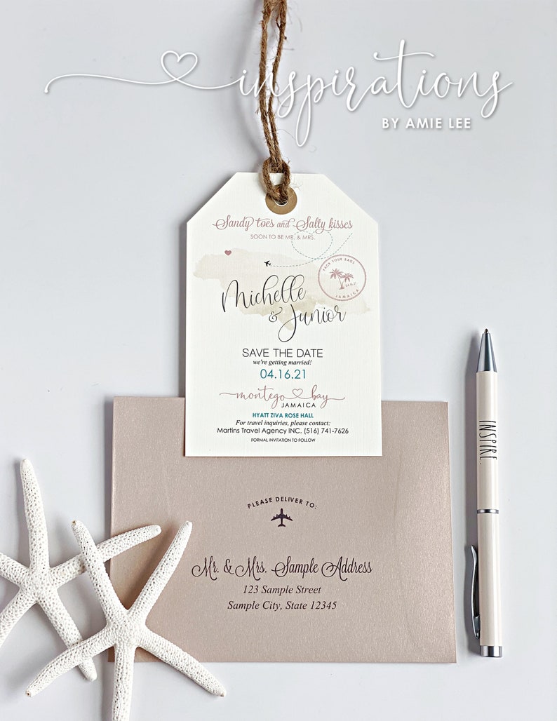 May include: A save the date card with a tropical theme. The card is shaped like a luggage tag and features a watercolor background with palm trees and a plane. The text on the card reads "Sandy toes and Salty kisses" and "Michelle & Junior". The date of the wedding is 04.16.21 and the location is "Montego Bay, Jamaica". The card also includes the name of the hotel, Hyatt Ziva Rose Hall, and contact information for travel inquiries.