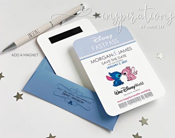 Disney Fastpass Save The Dates, Disney Fairy Tale Wedding Invitations, Fastpass Ticket, Stitch and Angel Fastpass Magnets