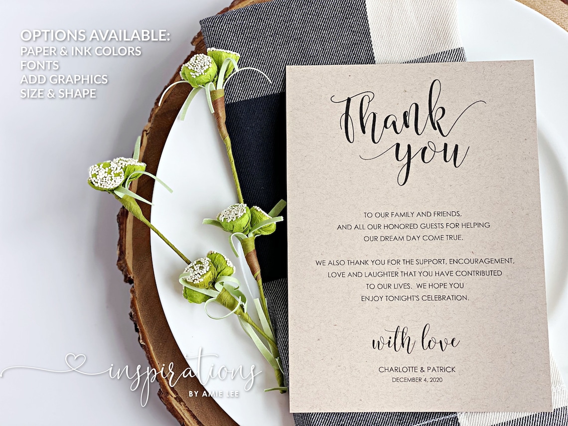 Wedding Reception Table Notes Wedding Thank You Note to Etsy