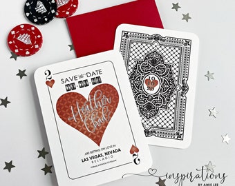 May include: A Save the Date card designed as a playing card featuring a large red heart with the names Heather and Chad, the date 10-10-20, and the text Las Vegas, Nevada, Bellagio. Includes a red envelope, black and red poker chips, and star confetti.