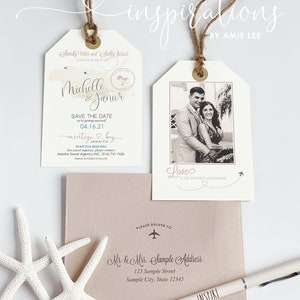 May include: A wedding invitation in the shape of a luggage tag with a photo of the couple, the text "Sandy toes and Salty kisses", "Michelle & Junior", "Save the Date", "04.16.21", "Montego Bay", "Jamaica", "Love is the greatest adventure!" and the address "Mr. & Mrs. Sample Address, 123 Sample Street, Sample City, State 12345".