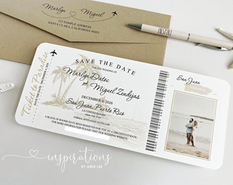 Boarding Pass Save The Dates, Ticket to Paradise, Save The Date, Destination Wedding, Beach Wedding, Airplane Ticket, Puerto Rico