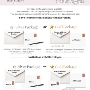 May include: An advertisement for envelope printing packages. The image displays options for silver and gold packages, with details on return address design, blank envelopes, and RSVP options. Text includes "Save The Dates & Invitations with 1 Envelope."