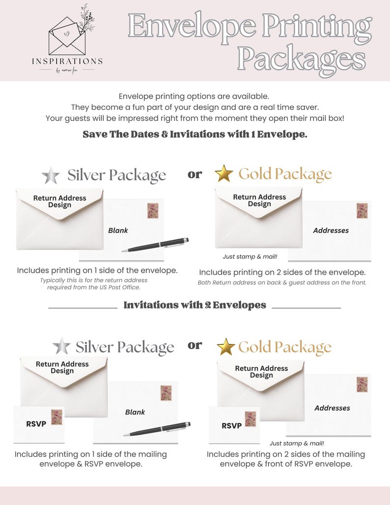 May include: An advertisement for envelope printing packages. The image displays options for silver and gold packages, with details on return address design, blank envelopes, and RSVP options. Text includes "Save The Dates & Invitations with 1 Envelope."