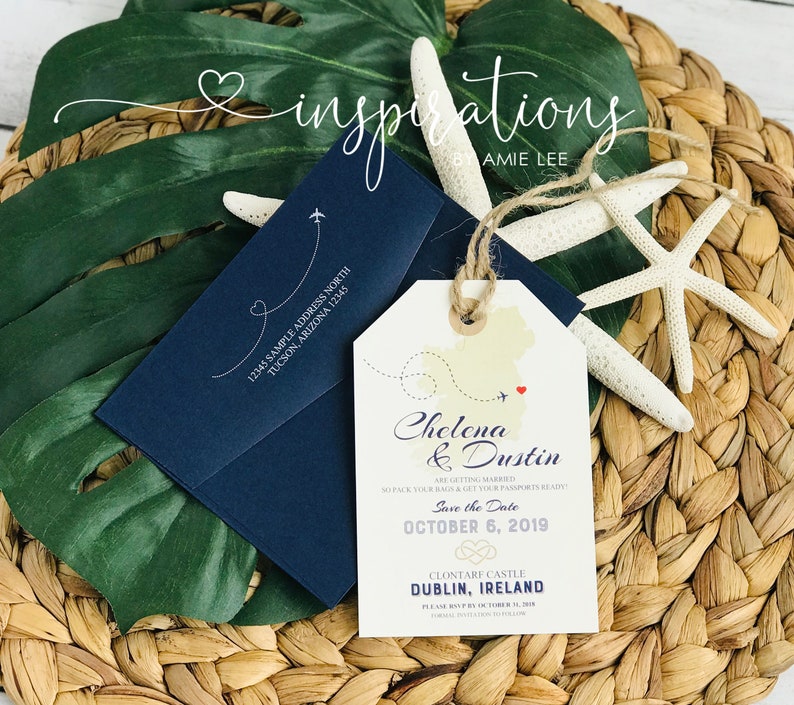 Save the Date Luggage Tags destination wedding Ireland, save the date Map Invitations Beach Wedding luggage tags