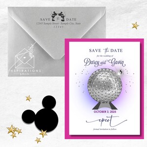 May include: Pink save the date card with a white background. The card features a black and white illustration of the Spaceship Earth at Epcot. The text reads "Save the Date for the wedding of Darcy and Gavin, October 3, 2025, Epcot, formal invitation to follow."